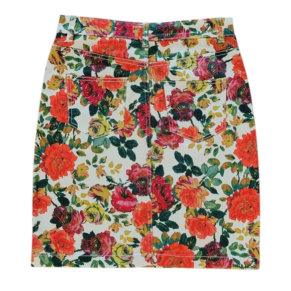 Maeve by Anthropologie Denim Skirt Rose Floral Pockets Button Fly Stretch Size 8 - Picture 3 of 9